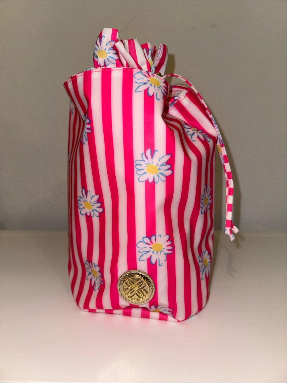 Lilly Pulitzer Pink & White Striped Daisy Drawstring Wet Bag